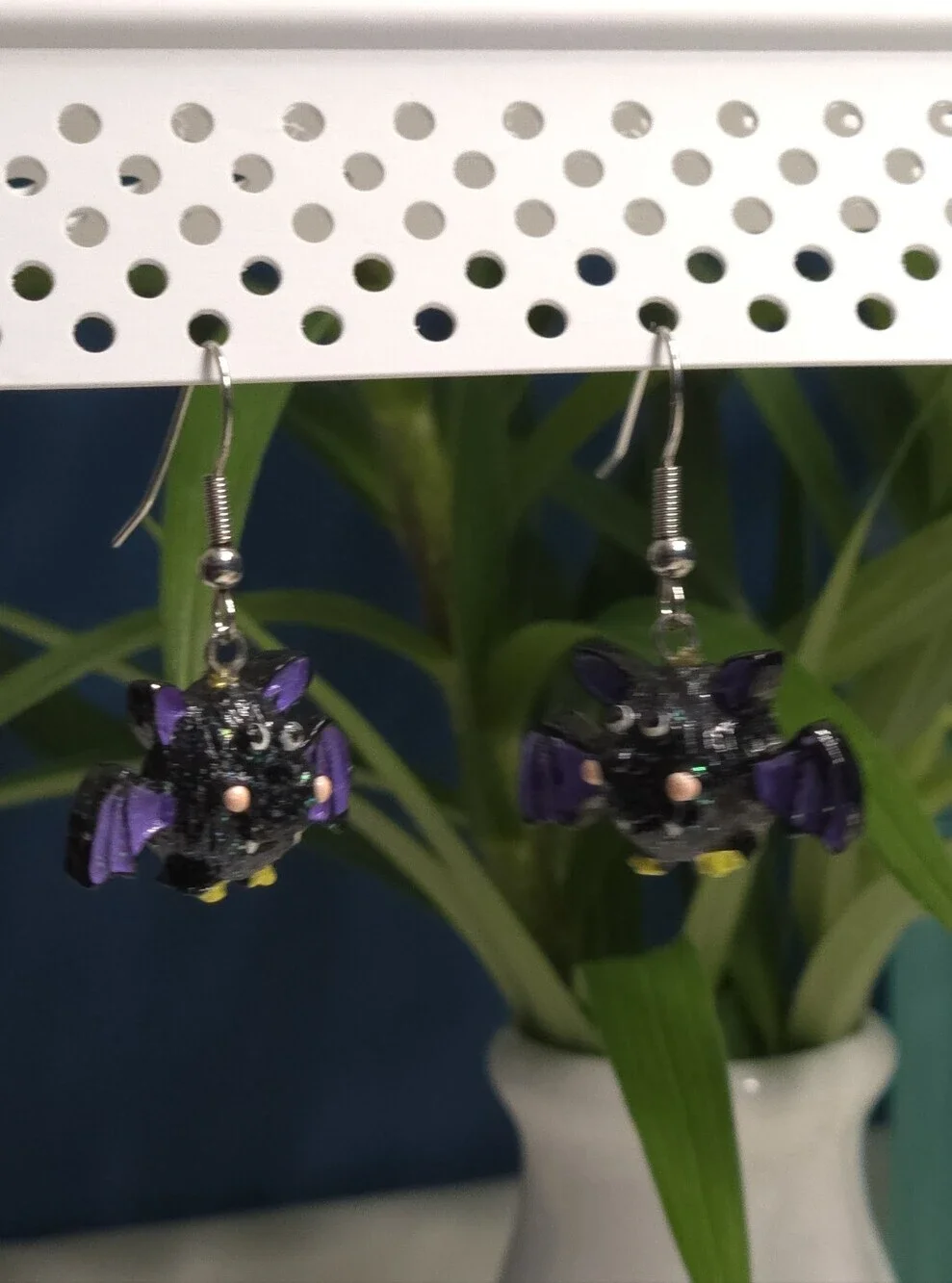 Whimsical Black & Purple Bat Dangle Earrings